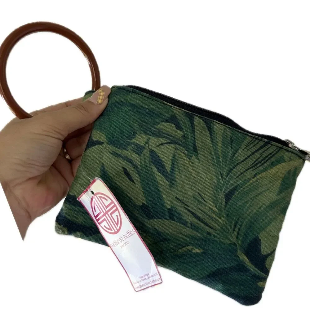 Buckhead Betties NWT 100% Cotton Tropical Leaves Ring Handle Cosmetic Bag